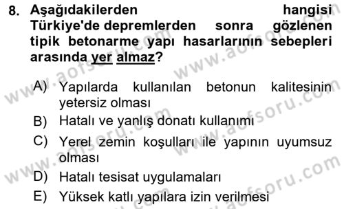 Kent, Planlama ve Afet Risk Yönetimi Dersi 2024 - 2025 Yılı Yaz Okulu Sınav Soruları 8. Soru