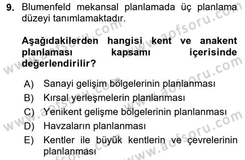 Kent, Planlama ve Afet Risk Yönetimi Dersi 2025 - 2026 Yılı (Vize) Ara Sınav Soruları 9. Soru