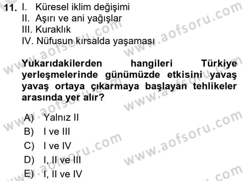 Kent, Planlama ve Afet Risk Yönetimi Dersi 2025 - 2026 Yılı (Final) Dönem Sonu Sınav Soruları 11. Soru