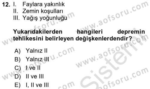 Kent, Planlama ve Afet Risk Yönetimi Dersi 2025 - 2026 Yılı (Final) Dönem Sonu Sınav Soruları 12. Soru
