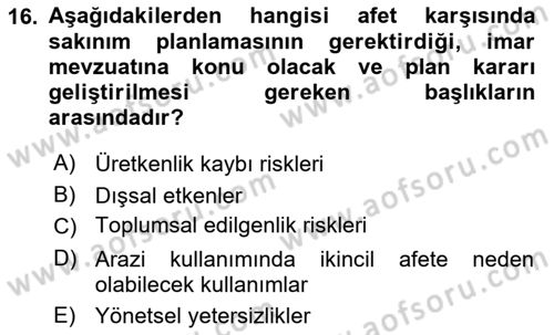 Kent, Planlama ve Afet Risk Yönetimi Dersi 2025 - 2026 Yılı (Final) Dönem Sonu Sınav Soruları 16. Soru