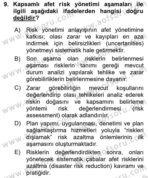Kent, Planlama ve Afet Risk Yönetimi Dersi 2025 - 2026 Yılı (Final) Dönem Sonu Sınav Soruları 9. Soru