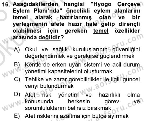 Kent, Planlama ve Afet Risk Yönetimi Dersi 2025 - 2026 Yılı Yaz Okulu Sınav Soruları 16. Soru