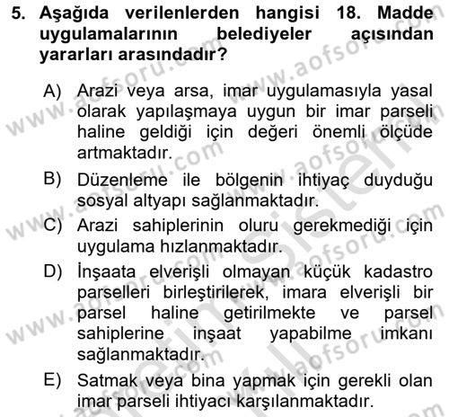 Kent, Planlama ve Afet Risk Yönetimi Dersi 2025 - 2026 Yılı Yaz Okulu Sınav Soruları 5. Soru
