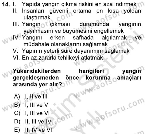 Yangın ve Yangın Güvenliği Dersi 2023 - 2024 Yılı (Vize) Ara Sınav Soruları 14. Soru