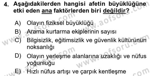 Temel Afet Bilgisi Dersi 2017 - 2018 Yılı (Vize) Ara Sınav Soruları 4. Soru