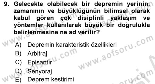 Temel Afet Bilgisi Dersi 2017 - 2018 Yılı (Vize) Ara Sınav Soruları 9. Soru