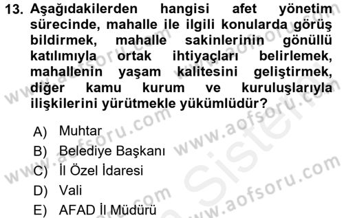 Temel Afet Bilgisi Dersi 2017 - 2018 Yılı (Final) Dönem Sonu Sınav Soruları 13. Soru