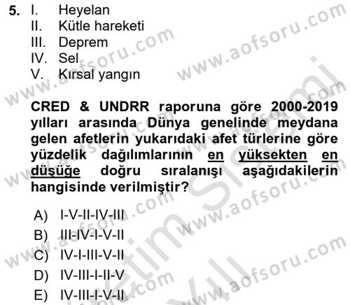 Temel Afet Bilgisi Dersi 2022 - 2023 Yılı Yaz Okulu Sınav Soruları 5. Soru