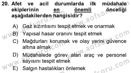 Temel Afet Bilgisi Dersi 2023 - 2024 Yılı (Vize) Ara Sınav Soruları 20. Soru