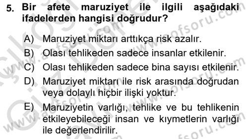 Temel Afet Bilgisi Dersi 2023 - 2024 Yılı (Vize) Ara Sınav Soruları 5. Soru