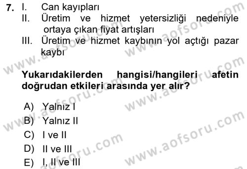 Temel Afet Bilgisi Dersi 2023 - 2024 Yılı (Vize) Ara Sınav Soruları 7. Soru