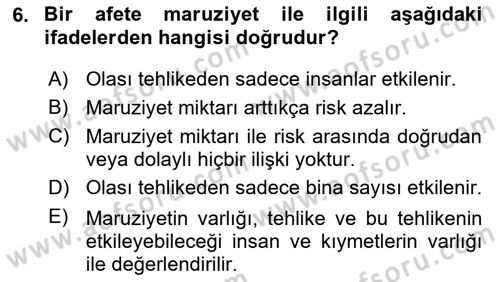 Temel Afet Bilgisi Dersi 2023 - 2024 Yılı Yaz Okulu Sınav Soruları 6. Soru
