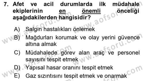 Temel Afet Bilgisi Dersi 2023 - 2024 Yılı Yaz Okulu Sınav Soruları 7. Soru