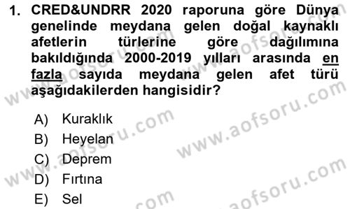 Temel Afet Bilgisi Dersi 2024 - 2025 Yılı (Vize) Ara Sınav Soruları 1. Soru