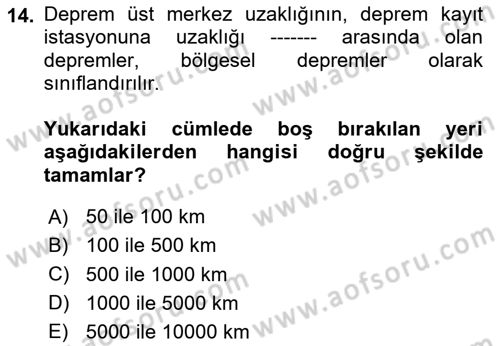 Temel Afet Bilgisi Dersi 2024 - 2025 Yılı (Final) Dönem Sonu Sınav Soruları 14. Soru