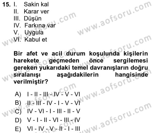 Temel Afet Bilgisi Dersi 2024 - 2025 Yılı Yaz Okulu Sınav Soruları 15. Soru