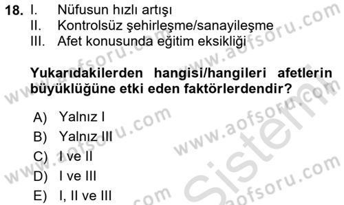 Temel Afet Bilgisi Dersi 2024 - 2025 Yılı Yaz Okulu Sınav Soruları 18. Soru