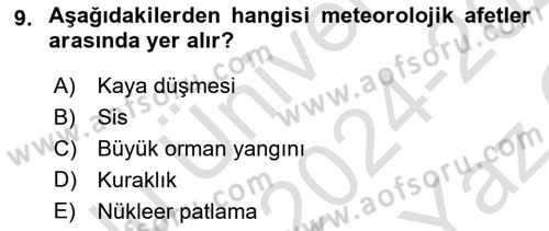 Temel Afet Bilgisi Dersi 2024 - 2025 Yılı Yaz Okulu Sınav Soruları 9. Soru