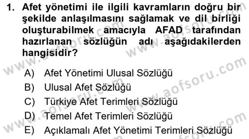 Temel Afet Bilgisi Dersi 2025 - 2026 Yılı (Vize) Ara Sınav Soruları 1. Soru