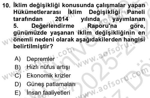 Temel Afet Bilgisi Dersi 2025 - 2026 Yılı (Vize) Ara Sınav Soruları 10. Soru