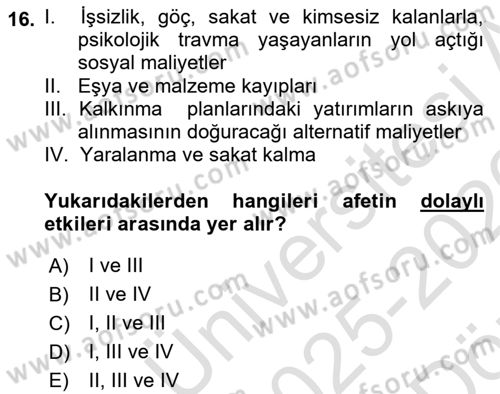 Temel Afet Bilgisi Dersi 2025 - 2026 Yılı (Vize) Ara Sınav Soruları 16. Soru