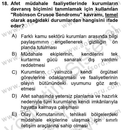Temel Afet Bilgisi Dersi 2025 - 2026 Yılı (Vize) Ara Sınav Soruları 18. Soru