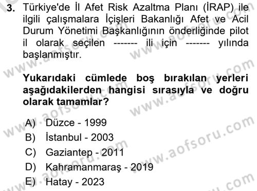 Temel Afet Bilgisi Dersi 2025 - 2026 Yılı (Vize) Ara Sınav Soruları 3. Soru