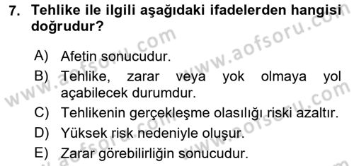 Temel Afet Bilgisi Dersi 2025 - 2026 Yılı (Vize) Ara Sınav Soruları 7. Soru