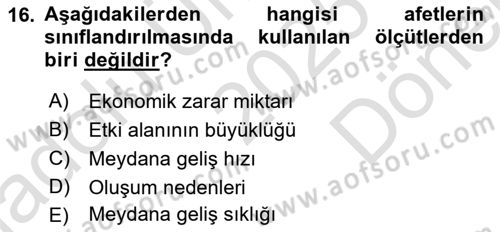 Temel Afet Bilgisi Dersi 2025 - 2026 Yılı (Final) Dönem Sonu Sınav Soruları 16. Soru