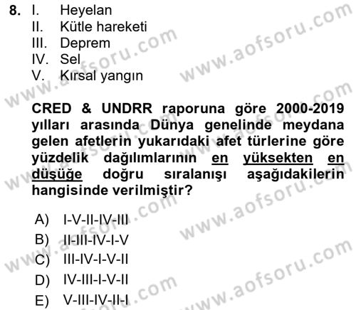Temel Afet Bilgisi Dersi 2025 - 2026 Yılı (Final) Dönem Sonu Sınav Soruları 8. Soru