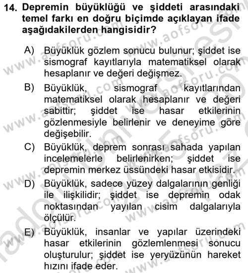 Temel Afet Bilgisi Dersi 2025 - 2026 Yılı Yaz Okulu Sınav Soruları 14. Soru