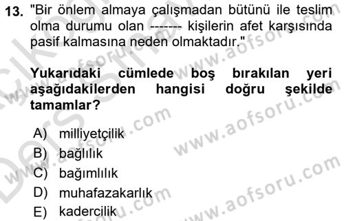 Afet Psikolojisi ve Sosyolojisi Dersi 2018 - 2019 Yılı 3 Ders Sınav Soruları 13. Soru