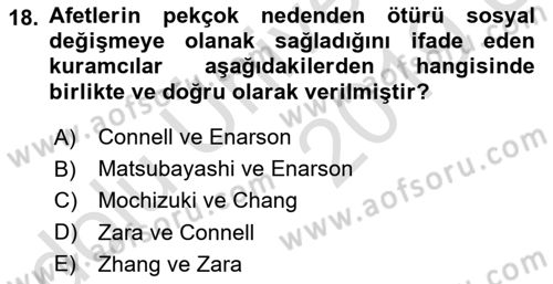 Afet Psikolojisi ve Sosyolojisi Dersi 2018 - 2019 Yılı 3 Ders Sınav Soruları 18. Soru