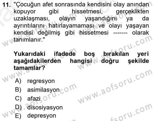 Afet Psikolojisi ve Sosyolojisi Dersi 2018 - 2019 Yılı (Vize) Ara Sınav Soruları 11. Soru
