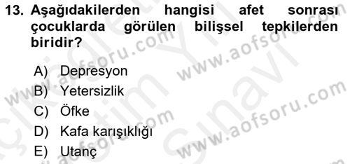 Afet Psikolojisi ve Sosyolojisi Dersi 2018 - 2019 Yılı (Vize) Ara Sınav Soruları 13. Soru
