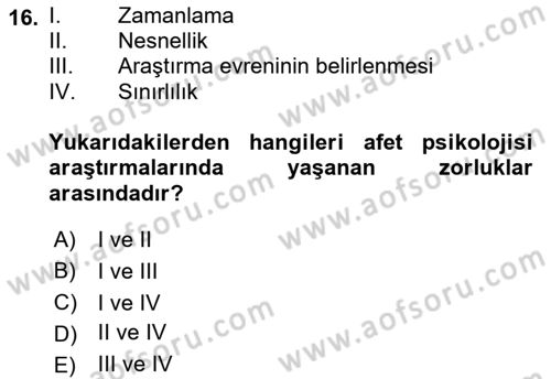 Afet Psikolojisi ve Sosyolojisi Dersi 2018 - 2019 Yılı Yaz Okulu Sınav Soruları 16. Soru