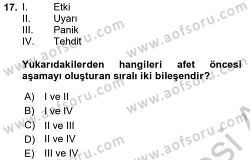 Afet Psikolojisi ve Sosyolojisi Dersi 2018 - 2019 Yılı Yaz Okulu Sınav Soruları 17. Soru