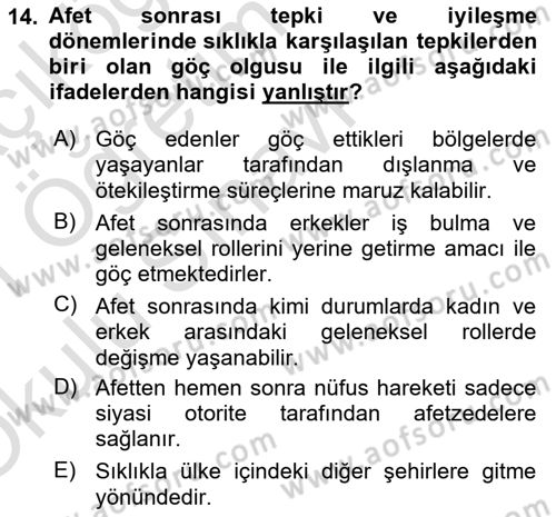 Afet Psikolojisi ve Sosyolojisi Dersi 2020 - 2021 Yılı Yaz Okulu Sınav Soruları 14. Soru