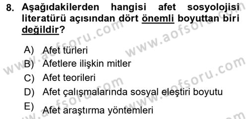 Afet Psikolojisi ve Sosyolojisi Dersi 2020 - 2021 Yılı Yaz Okulu Sınav Soruları 8. Soru