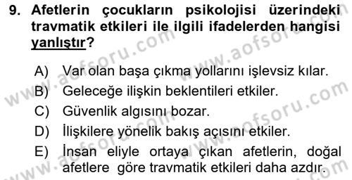 Afet Psikolojisi ve Sosyolojisi Dersi 2020 - 2021 Yılı Yaz Okulu Sınav Soruları 9. Soru