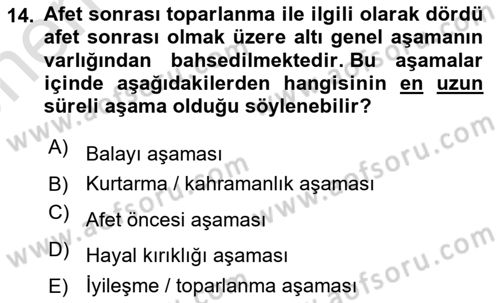 Afet Psikolojisi ve Sosyolojisi Dersi 2021 - 2022 Yılı (Vize) Ara Sınav Soruları 14. Soru