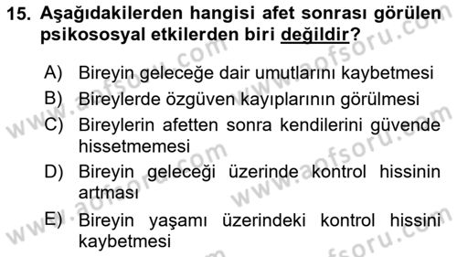 Afet Psikolojisi ve Sosyolojisi Dersi 2021 - 2022 Yılı (Vize) Ara Sınav Soruları 15. Soru
