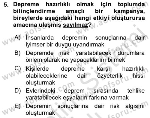 Afet Psikolojisi ve Sosyolojisi Dersi 2021 - 2022 Yılı (Vize) Ara Sınav Soruları 5. Soru