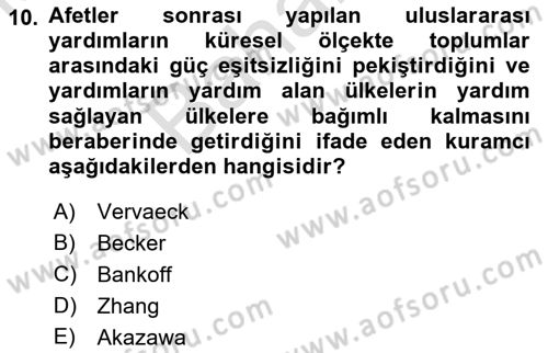 Afet Psikolojisi ve Sosyolojisi Dersi 2021 - 2022 Yılı (Final) Dönem Sonu Sınav Soruları 10. Soru