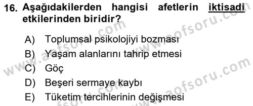Afet Psikolojisi ve Sosyolojisi Dersi 2021 - 2022 Yılı (Final) Dönem Sonu Sınav Soruları 16. Soru