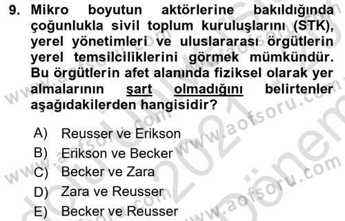 Afet Psikolojisi ve Sosyolojisi Dersi 2021 - 2022 Yılı (Final) Dönem Sonu Sınav Soruları 9. Soru