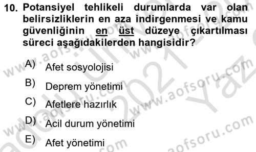 Afet Psikolojisi ve Sosyolojisi Dersi 2021 - 2022 Yılı Yaz Okulu Sınavı 10. Soru