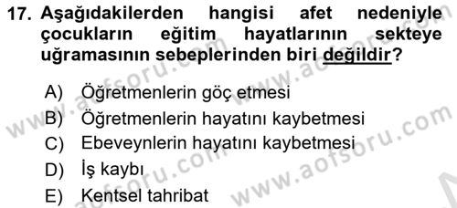 Afet Psikolojisi ve Sosyolojisi Dersi 2021 - 2022 Yılı Yaz Okulu Sınav Soruları 17. Soru