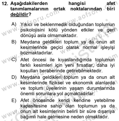 Afet Psikolojisi ve Sosyolojisi Dersi 2022 - 2023 Yılı Yaz Okulu Sınav Soruları 12. Soru
